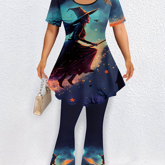 Halloween Cartoon Witch Print Tunic Top & Flared Leg Pants Set