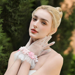 3D Floral Bridal Gloves Pastel Pink Soft Tulle Cuff Short Prom Special Occasions