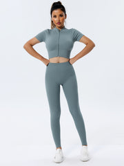 Ribbed Knit Crop Top Full Zip Short Sleeve Yoga Shirt