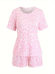 Heart Print Pajamas Set Short Sleeve Tee & Shorts 2 Piece Set