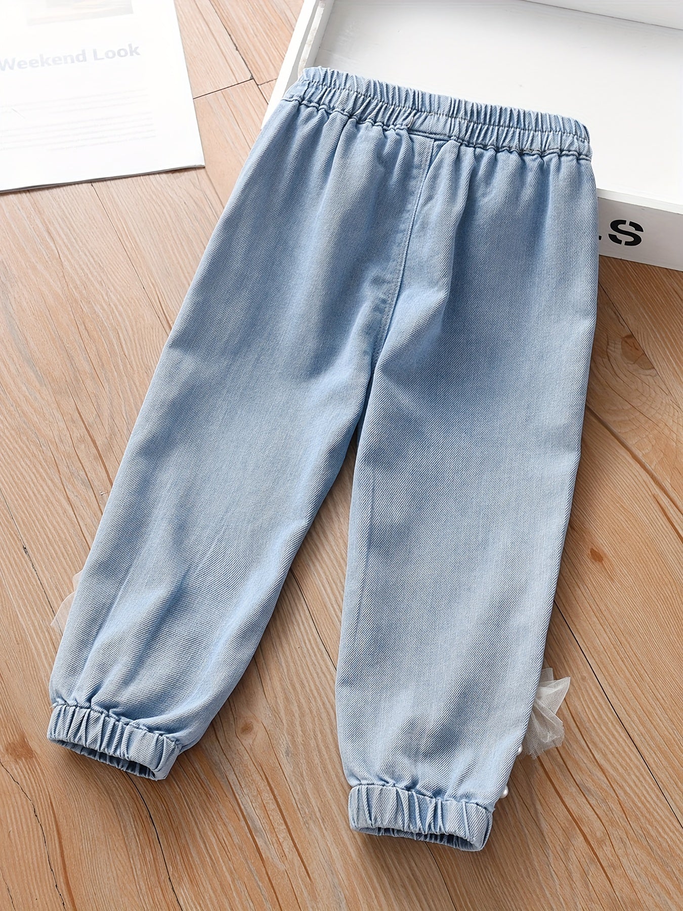 Girls' Bead & Lace Denim Jogger Pants Trousers