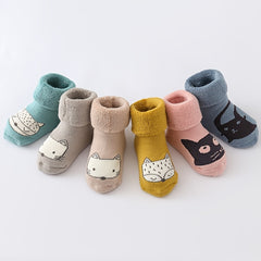 3 Pairs Baby Cartoon Kitty Print Floor Socks Winter Warm Slip-On Thick Socks