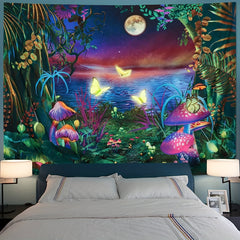 Blacklight Fantasy Forest Moon Tapestry UV Reactive Butterfly Space Wall Hanging