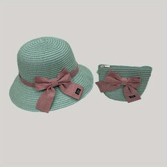 Girls Bow Decor Straw Hat & Bag Set for Outdoor Activities