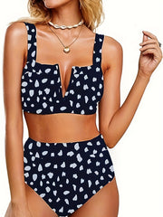 Retro Tankini Set Women's Plus Allover Print V Wired Lace Up Back Bra