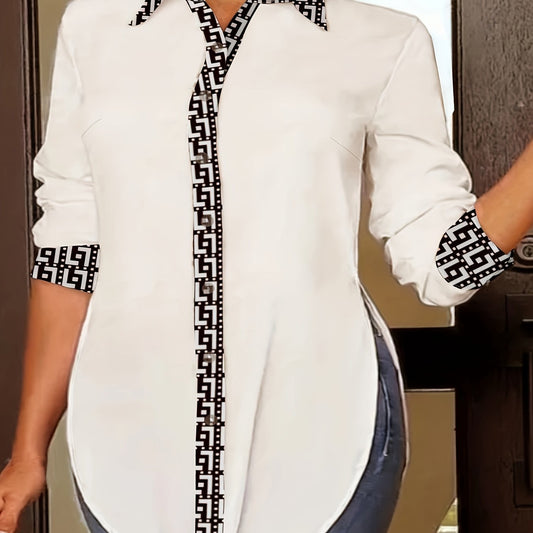 Plus Size Colorblock Geometric Print Button Up Collar Shirt