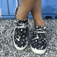 Women's Christmas Deer Sneakers Lace Up Flat Casual Shoes