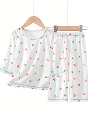 Girls 2pcs Cherry Print Pajamas Set Comfortable Casual Kids Clothes