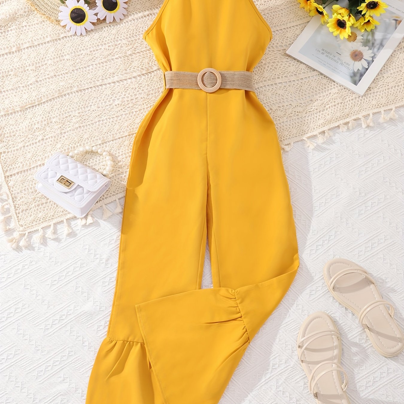 Girls' Bell Bottom Halter Jumpsuit with Belt