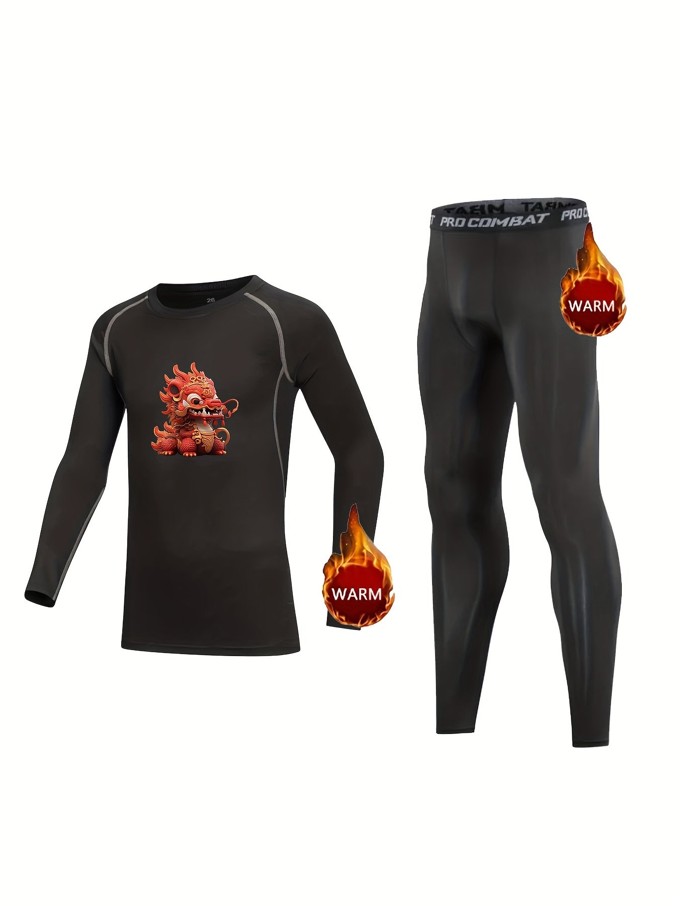 2pcs Kids Compression Fleece Sets - Cartoon Animal Design, Elastic Waist Pants