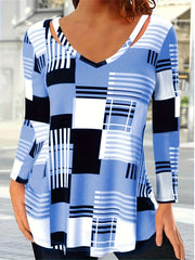 Colorblock Geo Print Long Sleeve V Neck Tunic Top