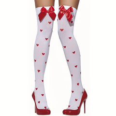 Heart Print Thigh High Stockings Bow Decor Over The Knee Socks Women's Stockings