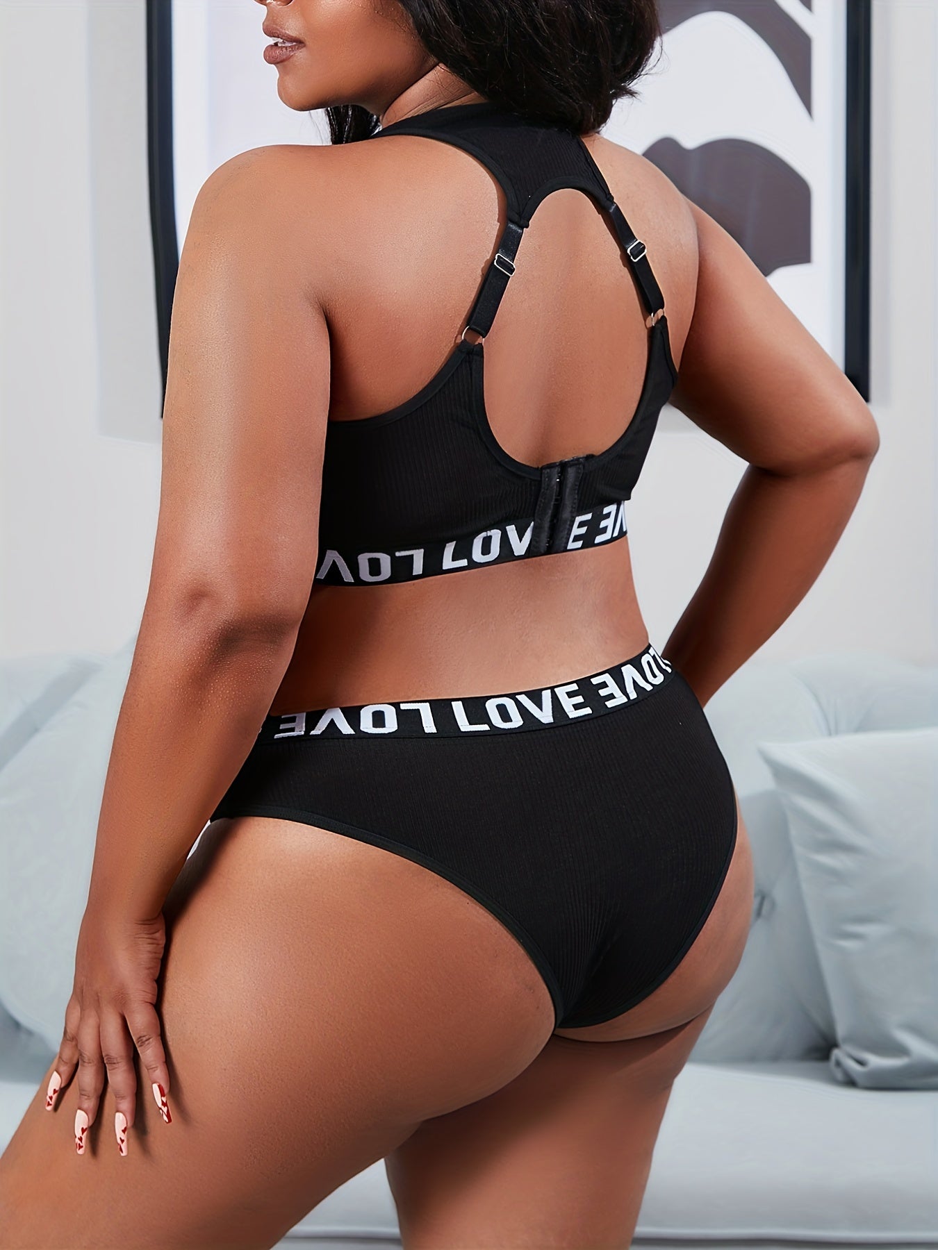 Ribbed Letter Tape Halter Bra & Panty Set