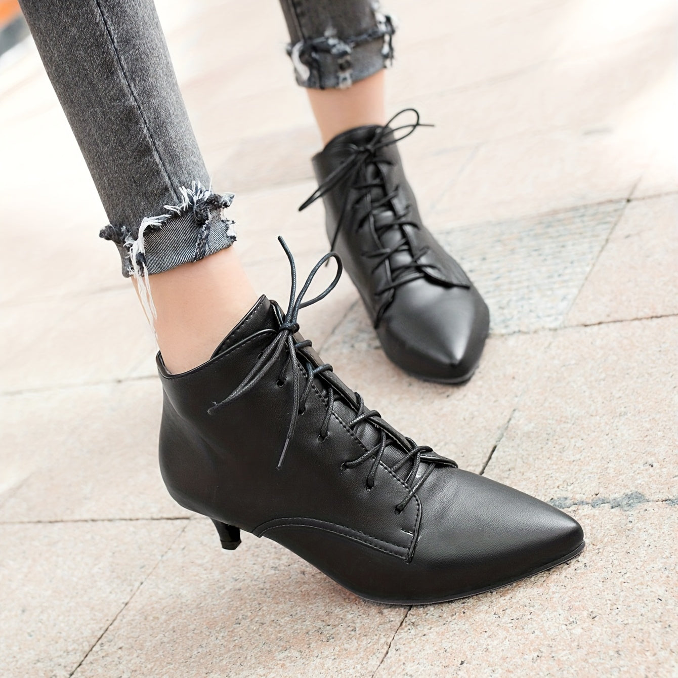 Women's Lace Up Kitten Heel Ankle Boots Pointed Toe Jazz Dance Shoes