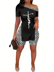 Women's Cross & Greek Print One Shoulder Two Piece Set