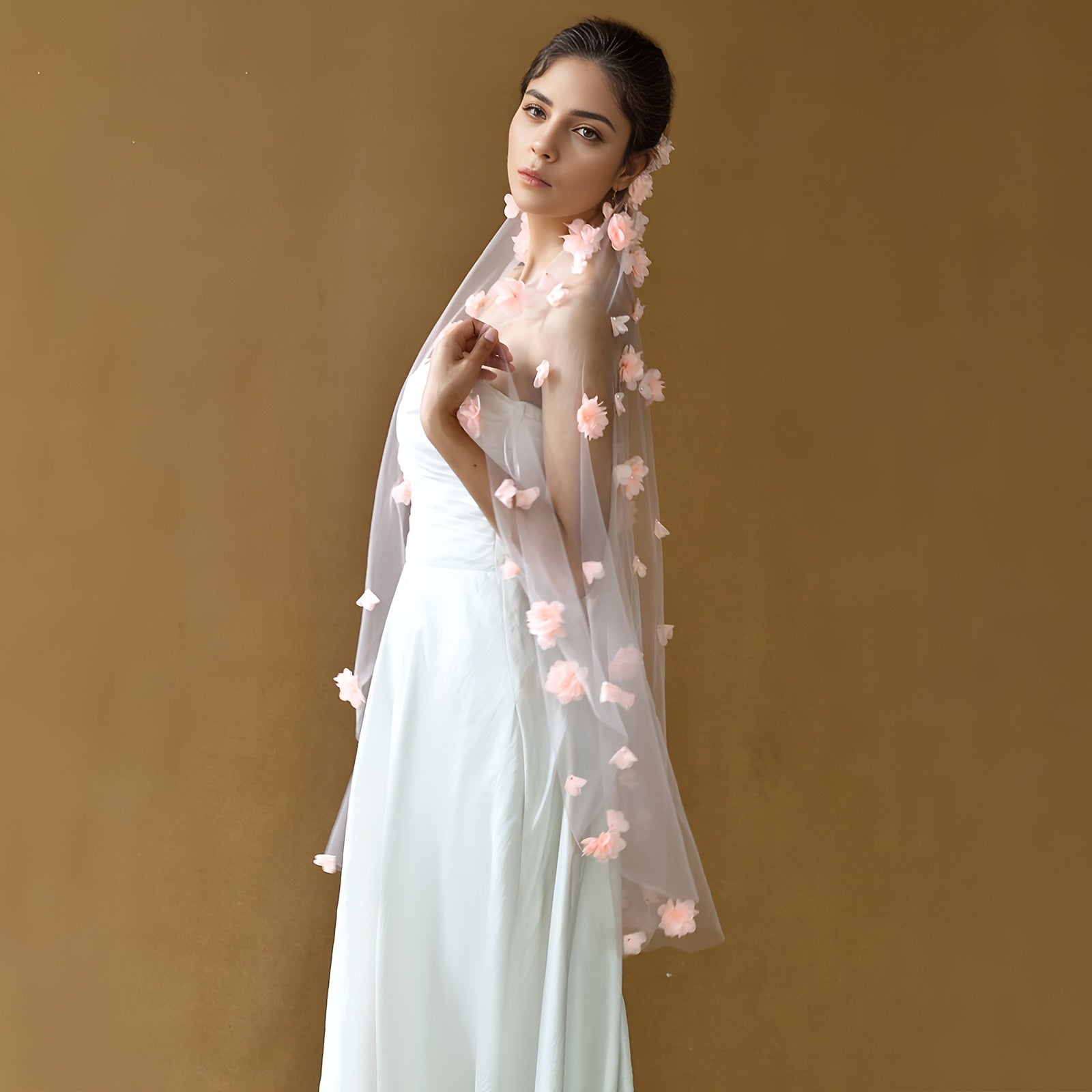 Romantic Lace Bridal Veil with Floral Embroidery & Pink Flowers
