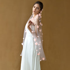 Romantic Lace Bridal Veil with Floral Embroidery & Pink Flowers