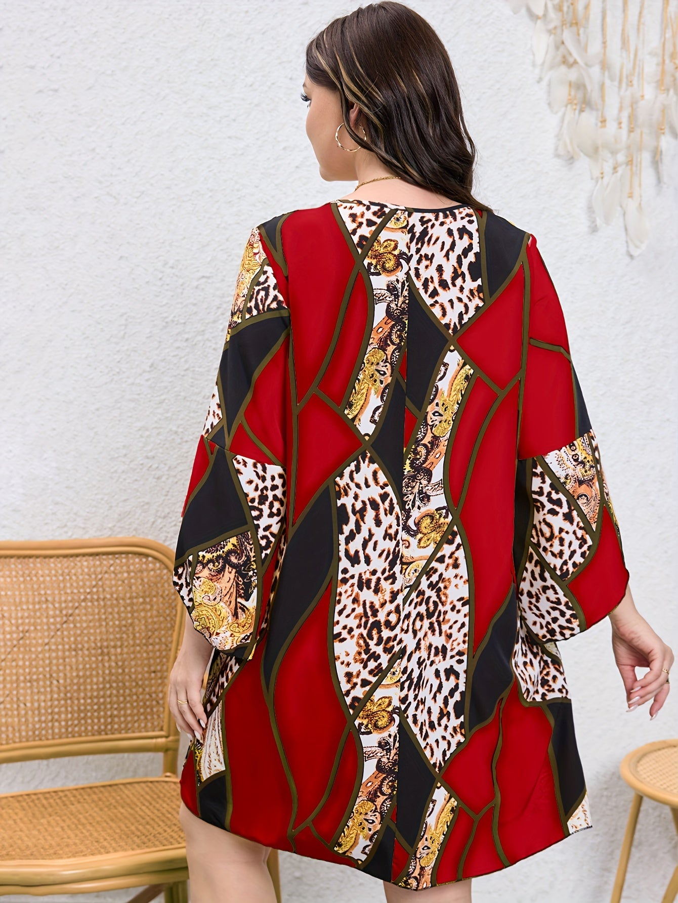 Colorblock Leopard Print Bell Sleeve Round Neck Casual Dress