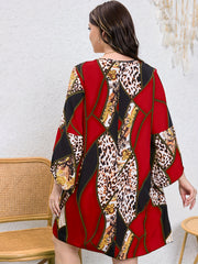 Colorblock Leopard Print Bell Sleeve Round Neck Casual Dress