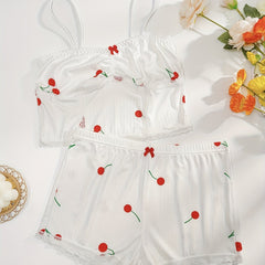 Cherry Print Pajama Set with Lace Trim Cami Top & Shorts