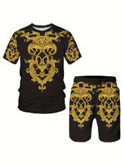 Ethnic Style 2 Piece Outfit Men's Short Sleeve T-shirt and Shorts Set
