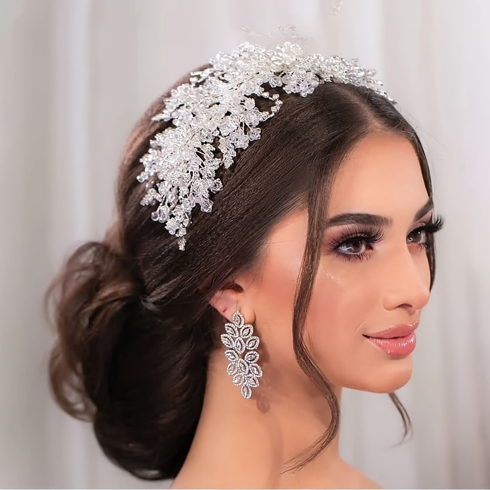 Silver Floral Rhinestone Bridal Tiara Pearl Headband Crown