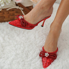 Women's Rhinestone Bow Slip On Stiletto Sandals