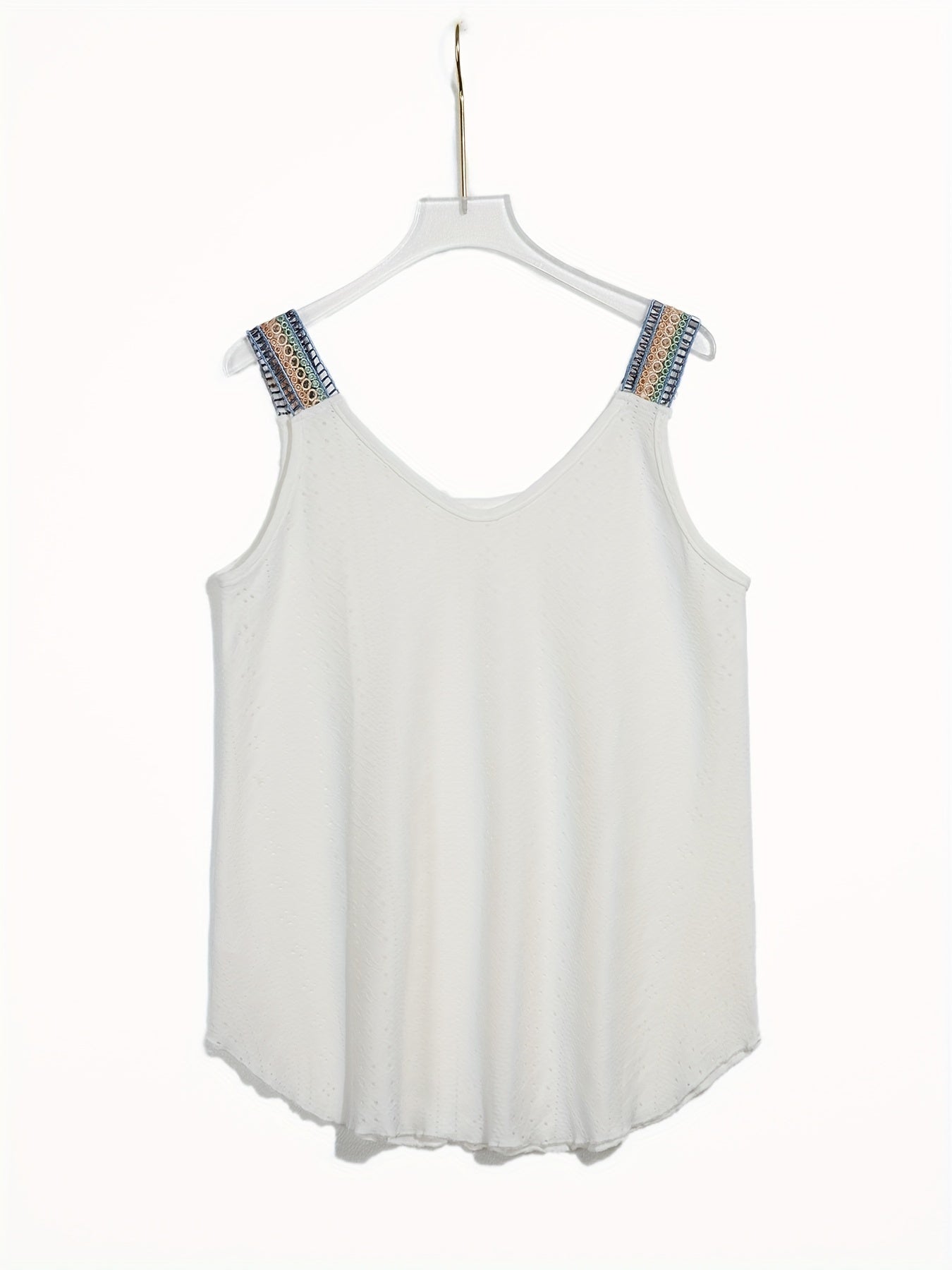 Eyelet Lace Stitching Tank Top Crew Neck Casual Top Women's Clothing