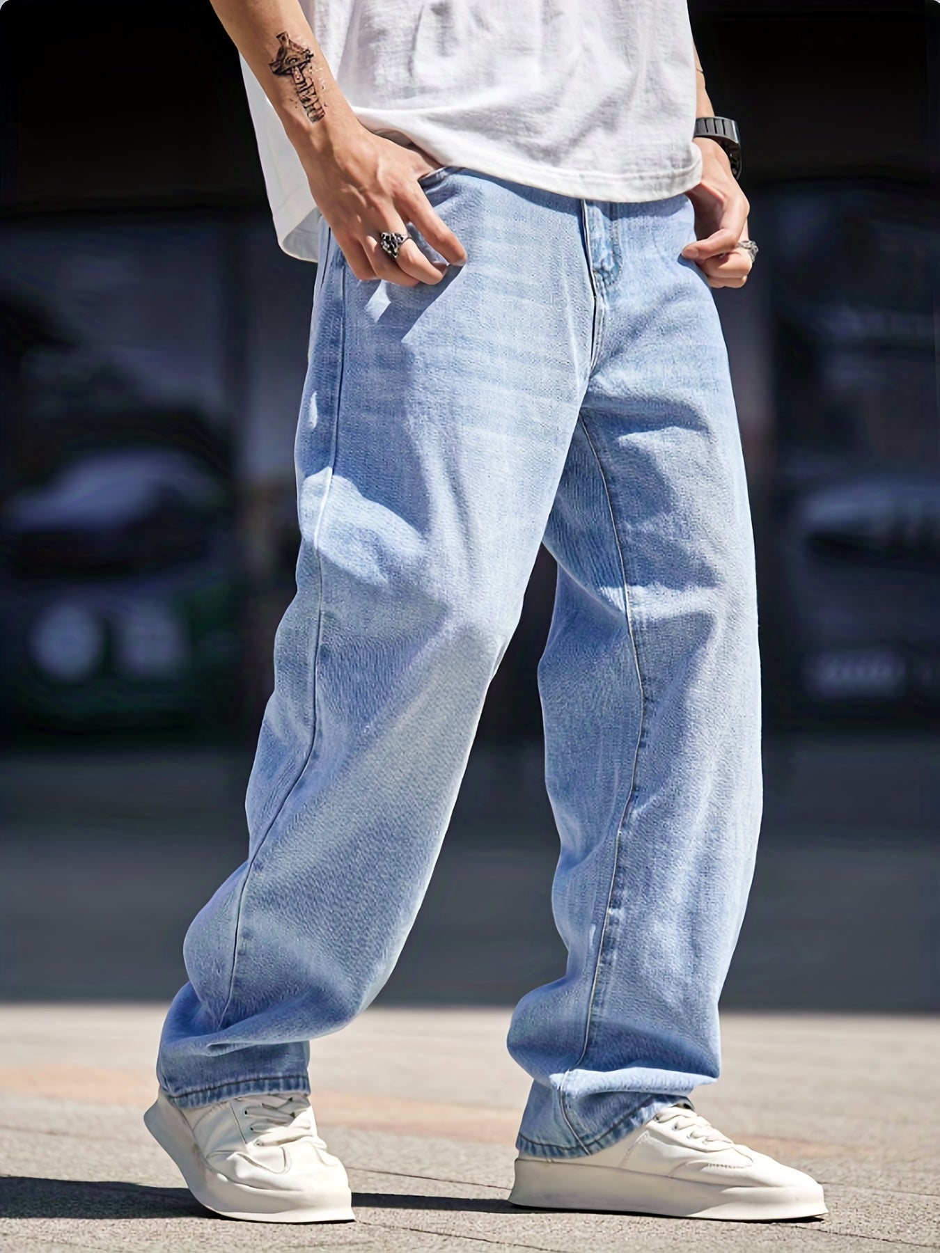 Wide Leg Distressed Denim Pants Mens Casual Street Style Jeans