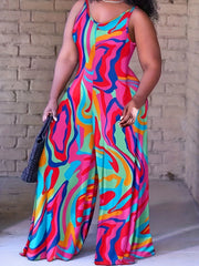 Casual Jumpsuit Women's Plus Random Print Wide Leg Cami Jumpsuit