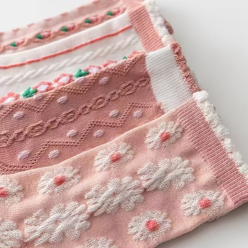 6 Pairs Sweet & Pink Serie Socks - Cozy Flower Geometric 3D Textured Stockings
