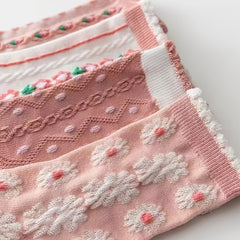 6 Pairs Sweet & Pink Serie Socks - Cozy Flower Geometric 3D Textured Stockings