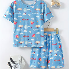 Boys Flying Elephant Airplane Pajamas Set Short Sleeve Homewear