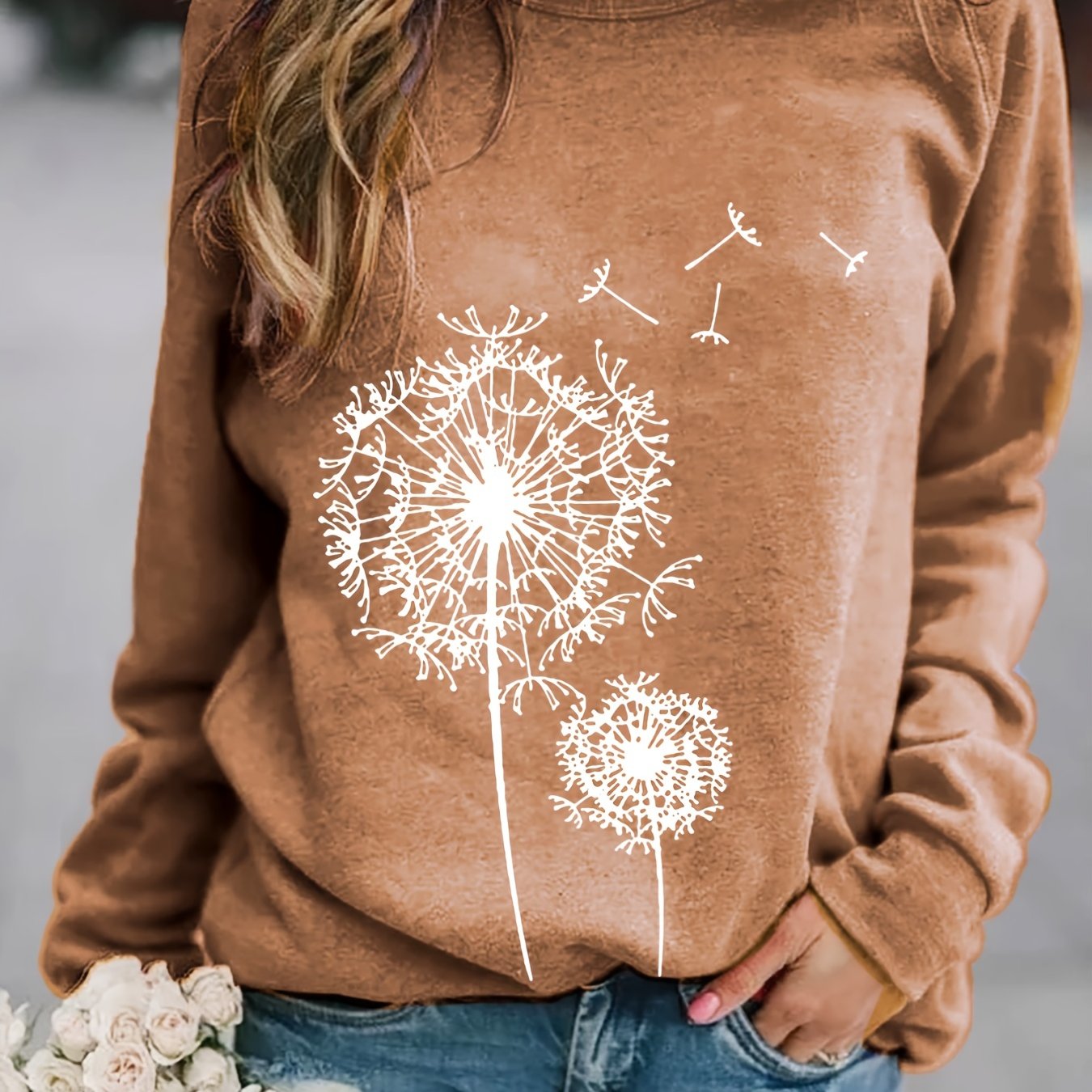 Dandelion Print Crew Neck Sweatshirt for Women