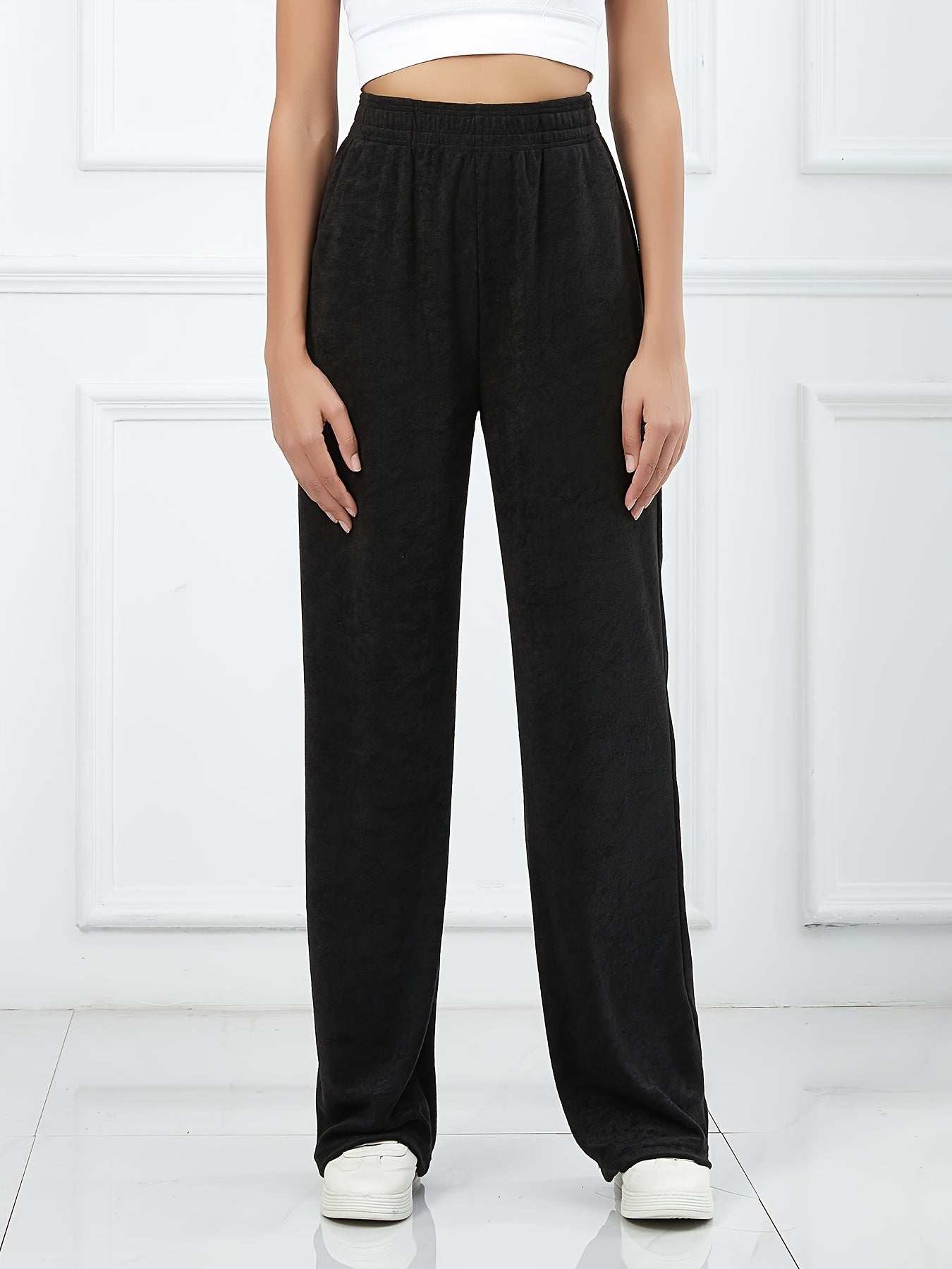 Women's Casual Sports Pants Elastic Waist Solid Straight Leg