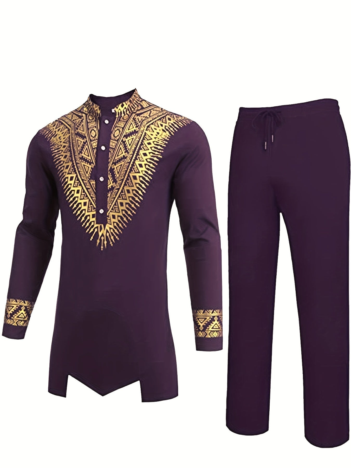African 2 Piece Set Metallic Golden Pattern Print Cotton Dashiki Shirt And Pants