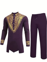 African 2 Piece Set Metallic Golden Pattern Print Cotton Dashiki Shirt And Pants
