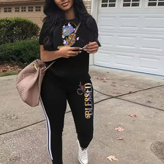 Women's Plus Size Cartoon Print Tee & Striped Joggers Set