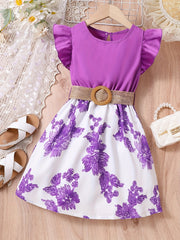 Toddler Girls Floral Flutter Sleeve Belted Princess Dress