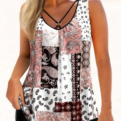 Boho Tankini Set Paisley Print Round Neck Swimsuit 2 Piece Set