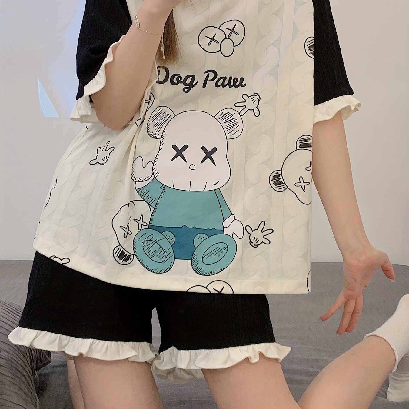 Cartoon Print Pajama Set Short Sleeve Crew Neck Top & Ruffle Shorts