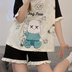 Cartoon Print Pajama Set Short Sleeve Crew Neck Top & Ruffle Shorts