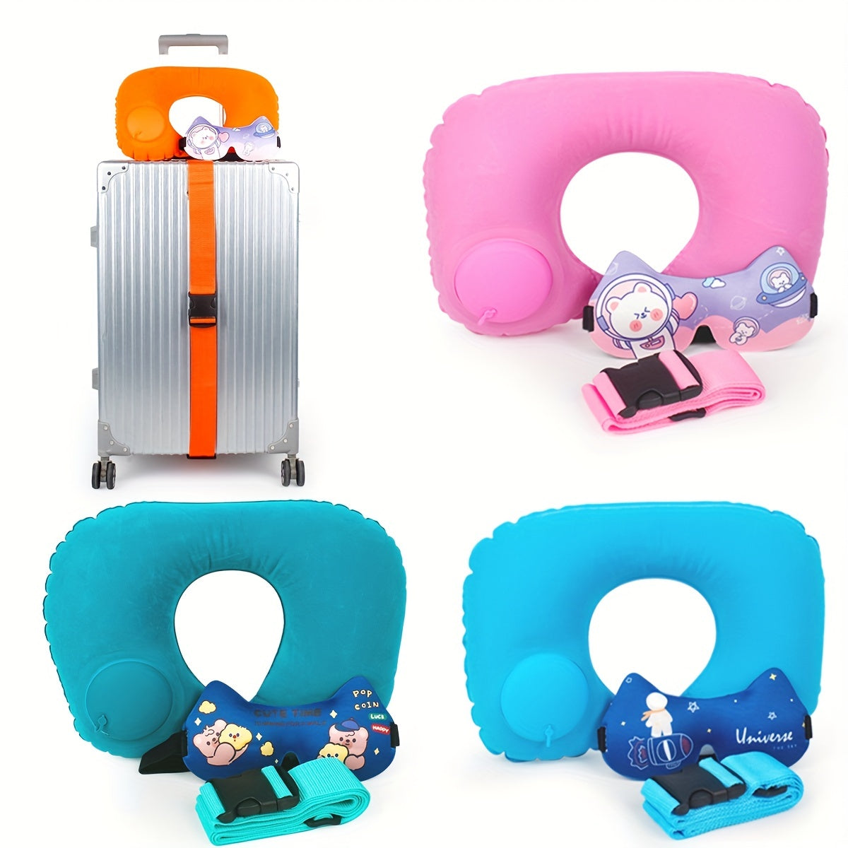 3pc Set Travel Accessory: Luggage Strap, Eye Mask, U-shaped Pillow