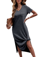 Casual V Neck Split Maxi Dress with Pockets
