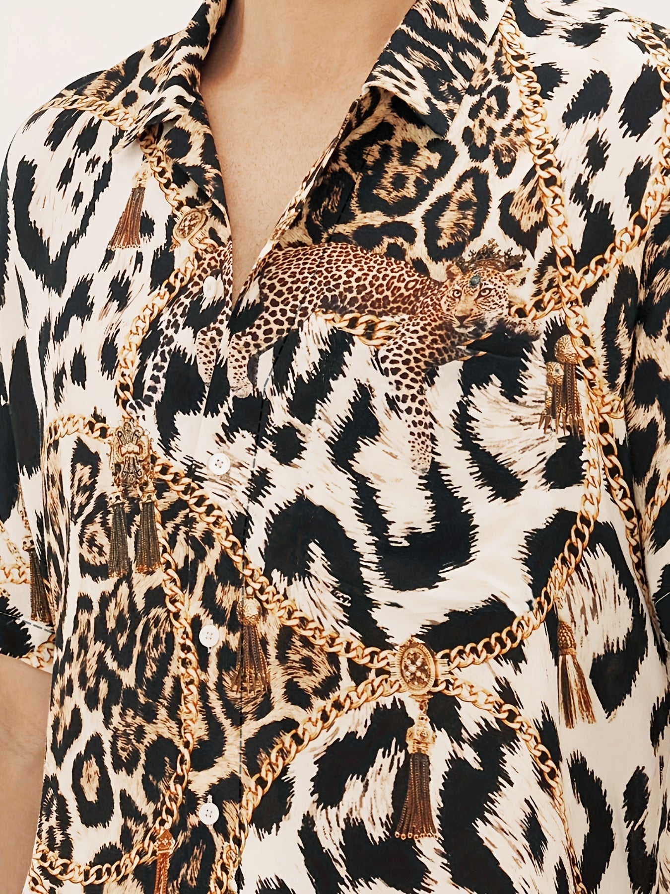 Men's Leopard Print Camp Collar Bowling Shirt Short Sleejsons Disco Closure