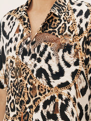 Men's Leopard Print Camp Collar Bowling Shirt Short Sleejsons Disco Closure