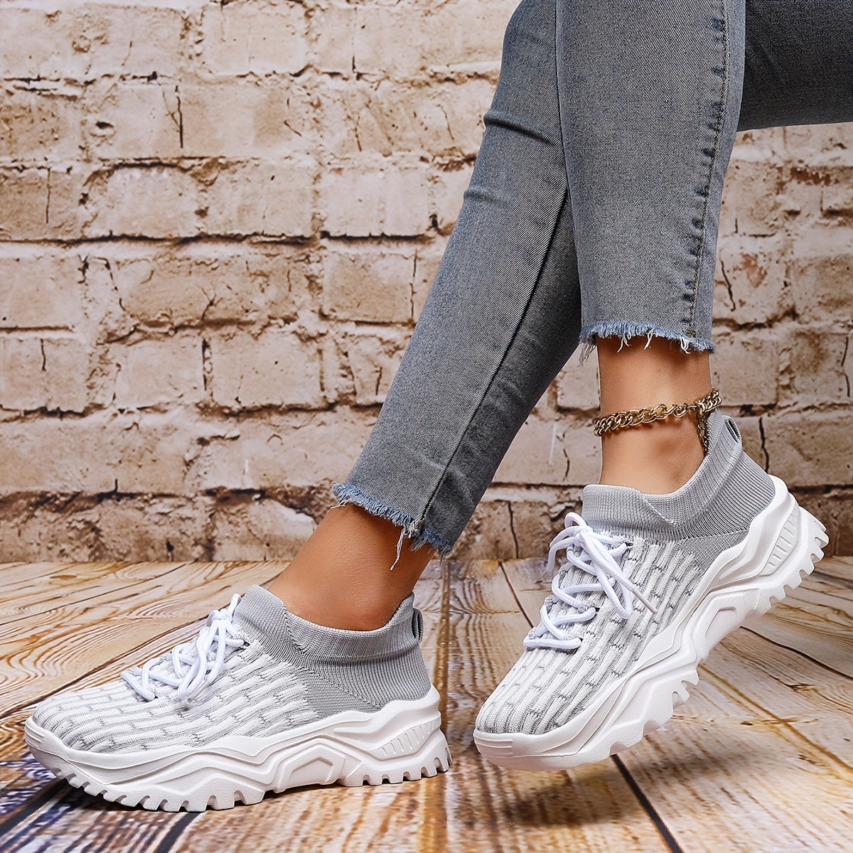 Bamboo Pattern Socks Sneakers Lace Up Outdoor Running Shoes