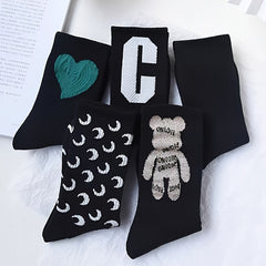 Letter & Bear Print Mid Tube Socks Womens Stockings