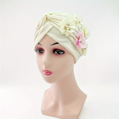 Faux Pearl Flower Turban Beige Head Wrap Ramadan Hijab Hat Chemo Cap