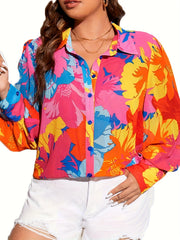 Blouse Women's Plus Floral Print Sleeve Button Up Collar Top